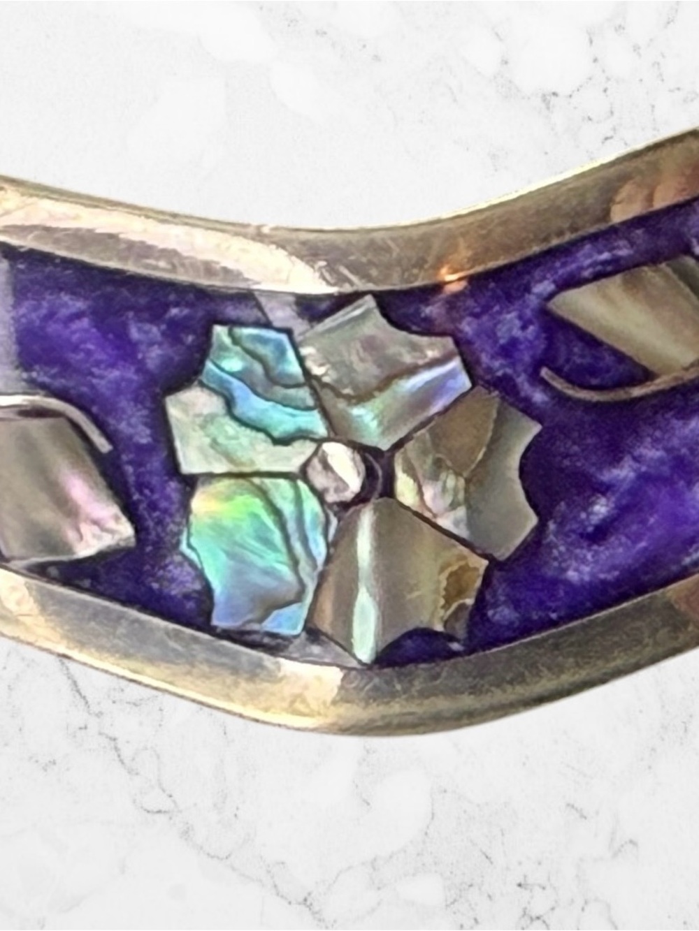 Vintage Taxco Mexico Abalone Inlaid Hinge Bangle Purple Bracelet Floral 6.5” - Picture 6 of 8